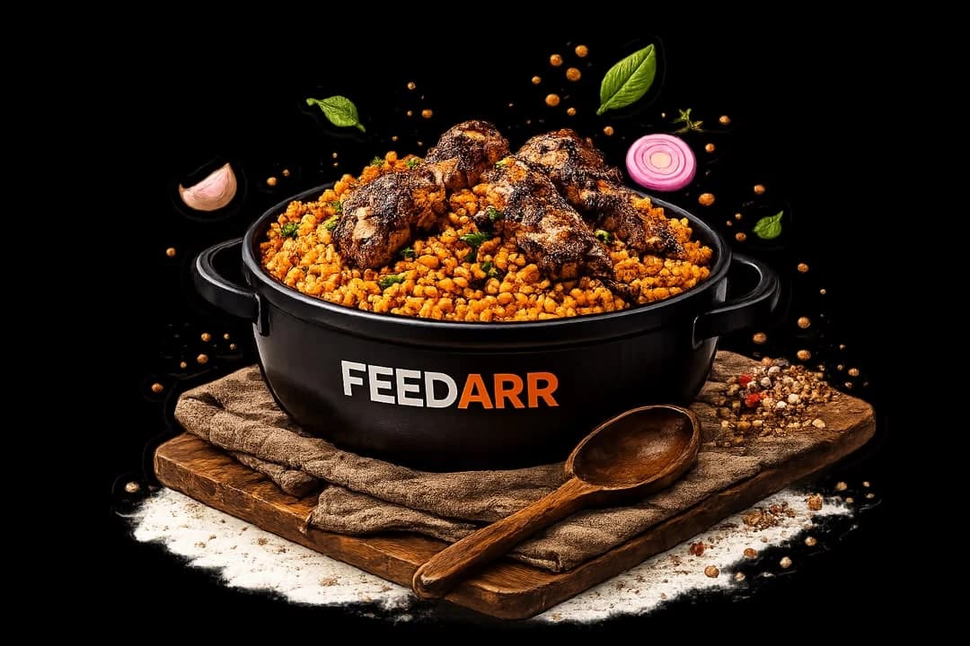 FEEDARR pot filled with jollof rice and grilled chicken