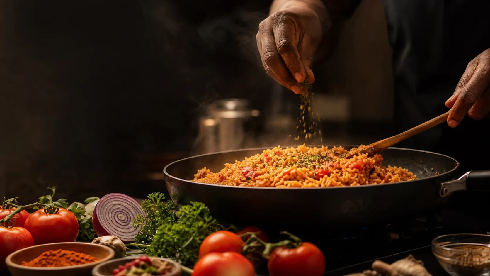 A cook seasoning rice in a steaming black pan