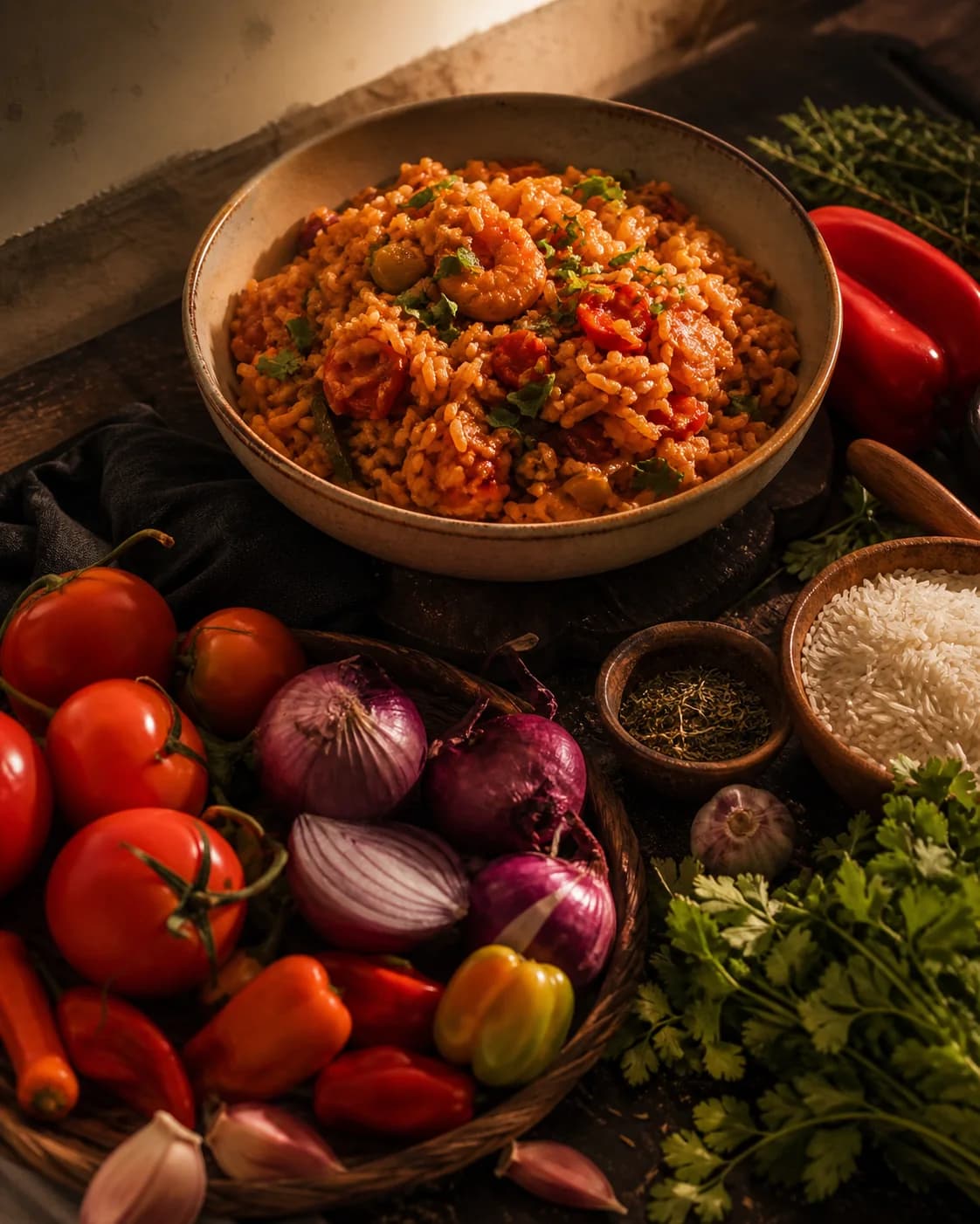 seasoned rice surrounded by tomatoes, peppers, onion and herbs