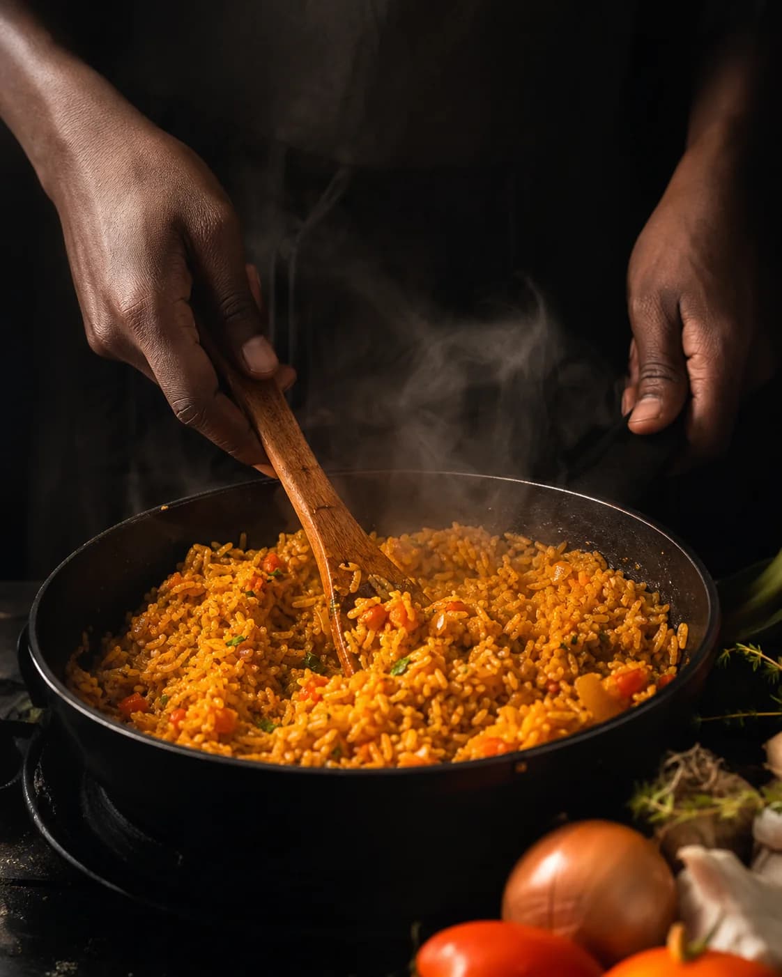 A cook stirring seasoned rice in a steaming black pan
