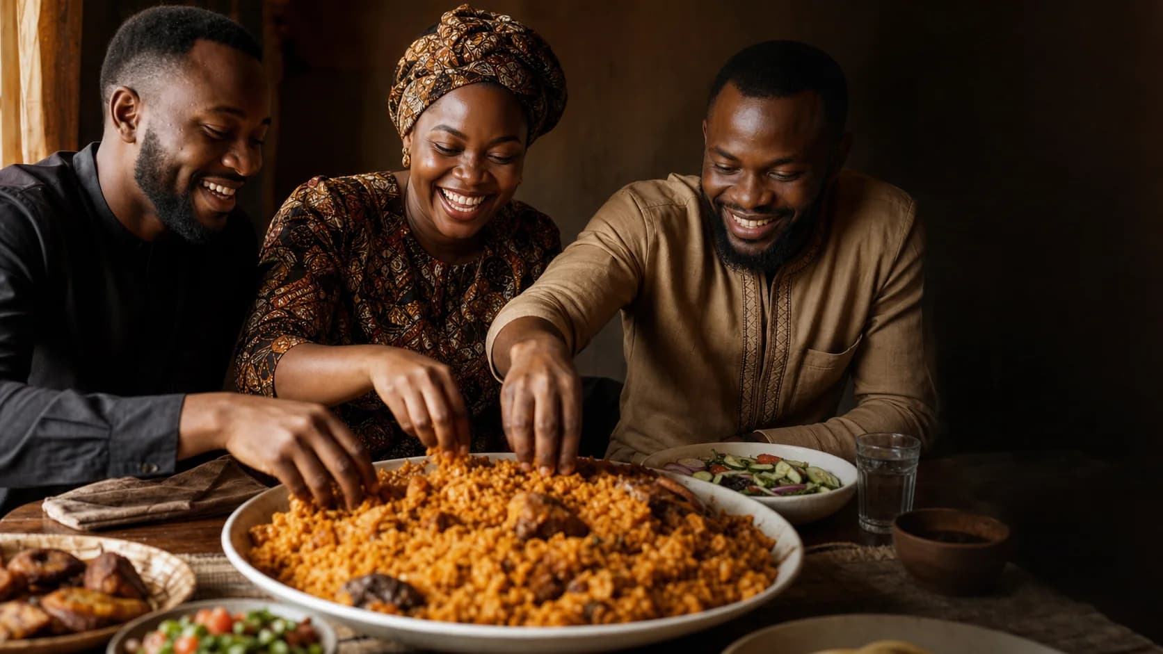 three adults sharing a rice meal together