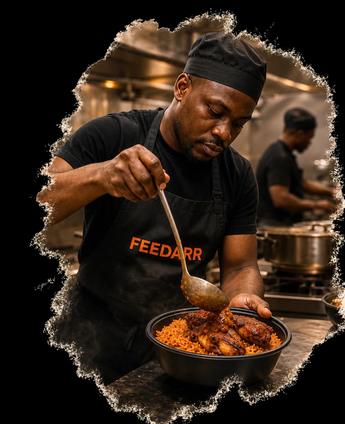 FEEDARR chef plating jollof rice and grilled chicken