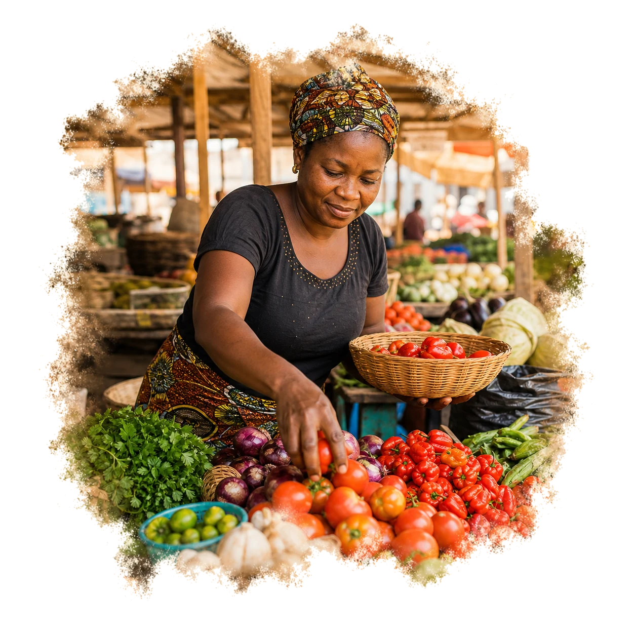 A Nigerian market vendor arranging fresh tomatoes, peppers, onions and herbs
