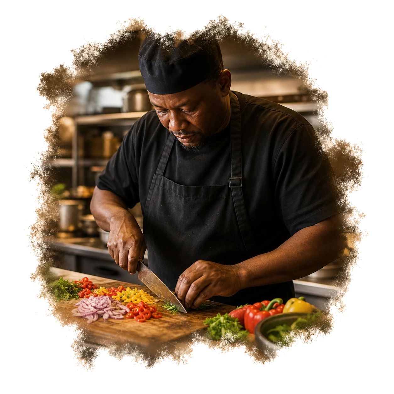 A chef carefully chopping peppers, onion and herbs