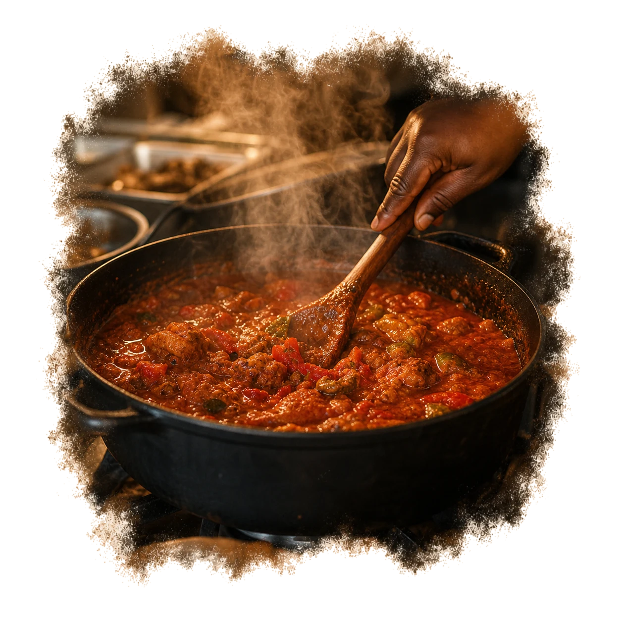 Nigerian tomato and pepper stew simmering in a black pot