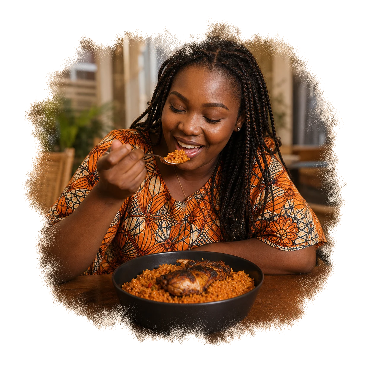 A woman enjoying jollof rice with grilled chicken